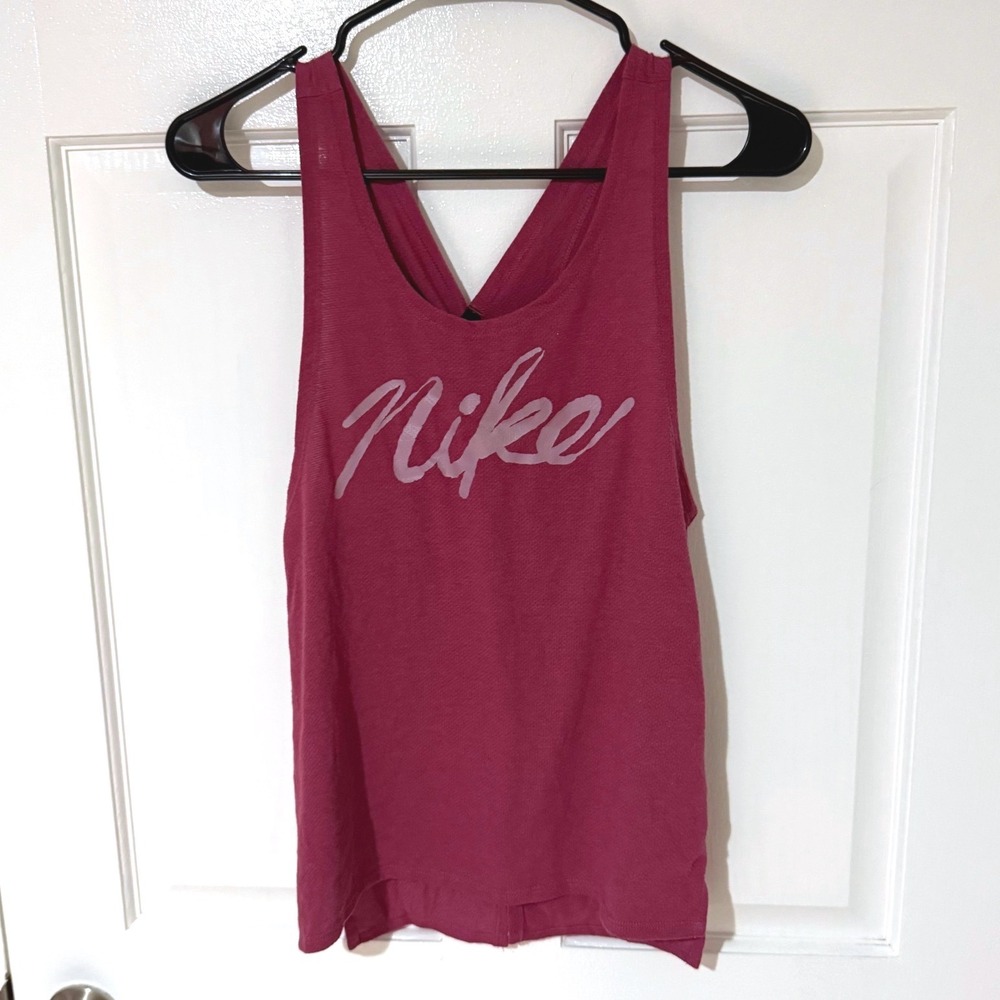 Nike Dri-FIT Running Tank Top Womens XS Berry Pink Criss Cross Back Logo Graphic